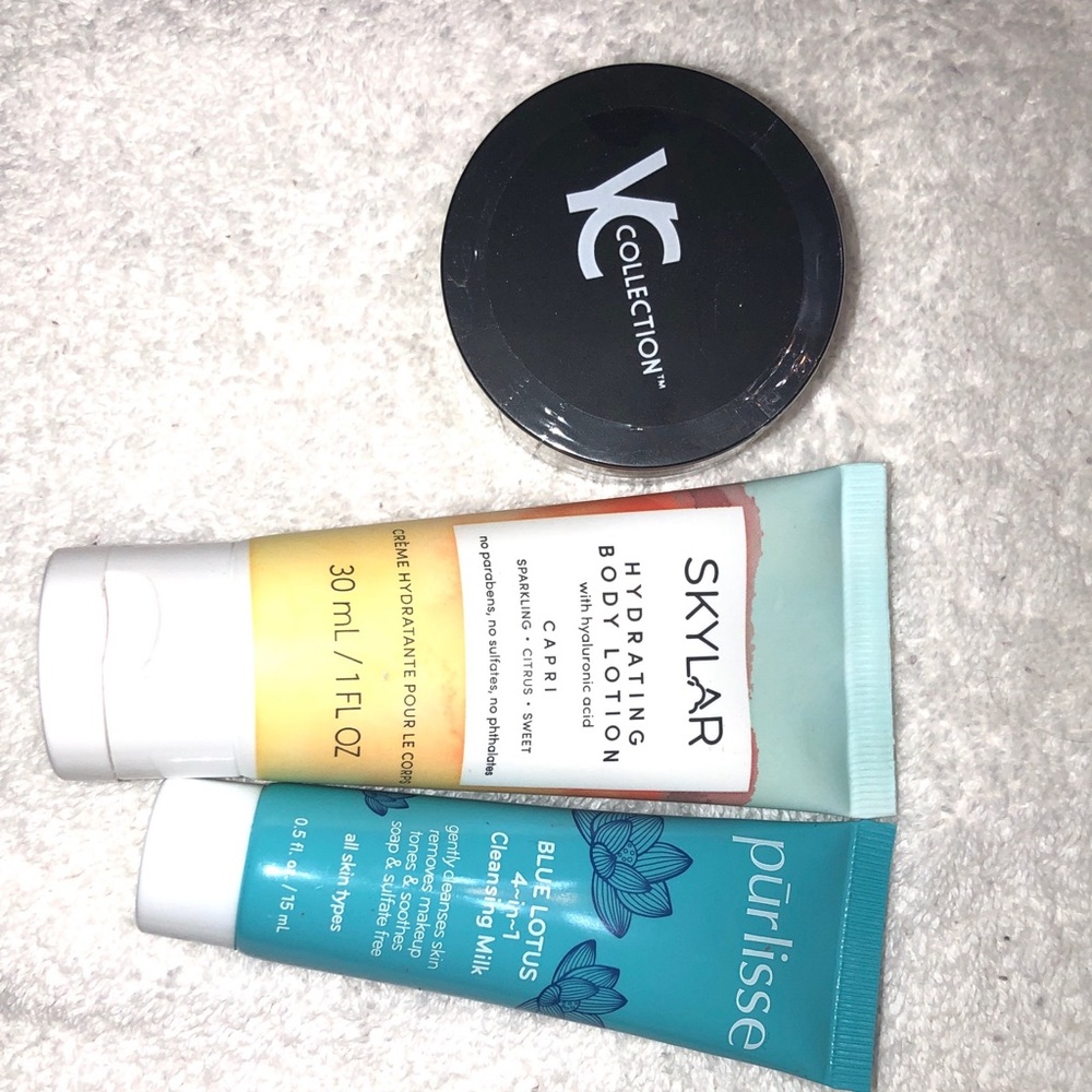 Lotion, cleanser, and setting powder package.